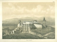 Arányi Lajos : Az 1452-ben épült, és 1854-ben leégett, azóta pedig folyvást pusztuló Vajda-Hunyad várának rövid szöveggel magyarázott négy látata (képe)...