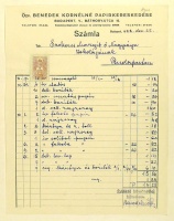 Özv. Benedek Kornélné Papírkereskedése, Budapest, V., Báthory u. 15.  -   Nyomtatott fejléces, kitöltött, 1938-as számla.