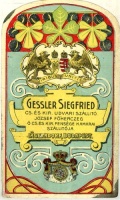 Gessler Siegfried cs. és kir. udvari szállító (...) Jagerndorf, Budapest. [Italcímke]