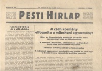 Pesti Hirlap, 1938. október 1. - A cseh kormány elfogadta a müncheni egyezményt