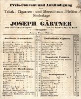 Preis-Courant und Ankündigung der Tabak - Cigaretten - und Meerschaum - Pfeifen-Niederlage von Joseph Gärtner