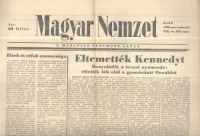 A Magyar Nemzet és a Hétfői Hírek címlapjai a John F. Kennedy elleni merényletről.
