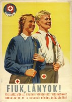 Tedesco Anna (graf.) : Fiuk, Lányok ! - Csatlakozzatok az Ifjusági Vöröskereszt Mozgalomhoz, harcoljatok ti is dolgozó népünk egészségéért!