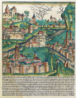 Képzeletbeli magyarországi város látképe. Fametszet. Ősnyomtatvány. 1493.