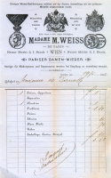 Madame M. Weiss -  Pariser Damen-Mieder, Wien, Neuer Markt 2. [női fűző, pruszlik, míder bolt, tisztítás, javítás számla, Bécs, 1892]