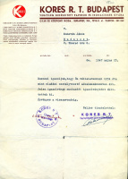 KORES R. T.  -  Vegyileg kikészített papírok és irodacikkek gyára, Budapest XIII., Teve u. 41. fejléces levélpapírja. (1947)