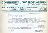Continental Irodagépek Magyarországi Vezérképviselete és Nagybani Raktára - GOY és KOVALSZKY Irodagépüzeme, Budapest, V., Nádor u. 11. (nyomtatott fejléces levélpapír, 1937)