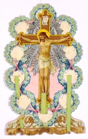 Jézus a keresztfán - áttört csipkedíszítésű, dombornyomott rátétes szentkép