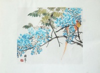 064.     REN YI (Bo Nian) : (Parrot on Flowering Acacia Tree Branch.)