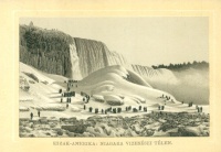 Észak-Amerika: Niagara vízesései télen. A Schicht Gyár litografált reklámlapja.