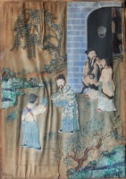 201. Welcoming Guest. Antique chinese paper, textile, glass application used old paintings. Cca. 1900. : 