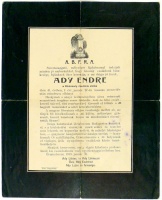 Ady Endre gyászjelentése, Ady Lajos levelével, Csinszka kártyájával, a Nyugat emlékszámával.