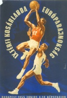 Vincze Dénes (graf.) : IX. Férfi Kosárlabda Európabajnokság - Budapest 1955 (...) Népstadion (Villamosplakát)