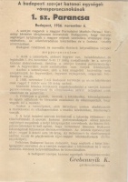 A budapesti szovjet katonai egységek városparancsnokságának 1. sz. parancsa - Budapest, 1956. november 6.  [szórólap]