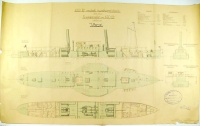 VÁCZ 650 vontató kerekesgőzhajó [Zugdampfer] tervrajza 1:100, kézzel színezett korabeli másolat. (1921)