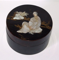 Antique Chinese Black Lacquer Jewellery Box with Soapstone Inlay