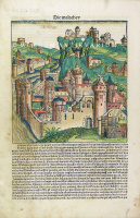 Képzeletbeli valachiai város látképe. Fametszet. Ősnyomtatvány. 1493.