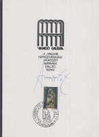 Amerigo Tot (1909-1984) szobrászművész aláírása a Vigadó Galériában rendezett kiállításának emléklapján, alkalmi bélyegzéssel. 1982.