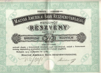 Magyar Amerikai Bank Részvénytársaság Huszonöt Részvény  egyenként 340 korona teljes befizetéssel Budapest,1923.