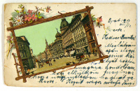 Budapest. VIII., József körút, Blaha Lujza tér, villamos. [kinyitható színes lampion dísszel, 1903]