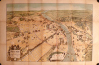 Budapest tájékoztató térképe madártávlatból - A főbb épületek rajzokban vannak előtüntetve. 1890.