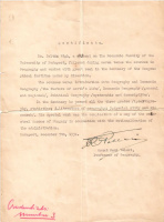 Gróf Teleki Pál (1879-1941) miniszterelnök (mint egyetemi professzor) gépiratú, sajátkezűleg aláírt angol nyelvű igazolása Végh Zoltán egyetemi hallgató számára.