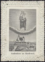 333. [Szűz Mária és a kis Jézus szobra a rankweili bazilikában a község látképével] „Andenken an Rankweil”