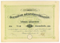 Üvegipari Részvénytársaság törzs részvény 10 Pengőről, 1926.