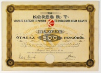 246 sz. Kores R.T. Vegyileg Kikészített Papírok és Irodacikkek Gyára Budapest részvénye 500 Pengőről, 1935.
