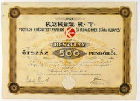 260 sz. Kores R.T. Vegyileg Kikészített Papírok és Irodacikkek Gyára Budapest részvénye 500 Pengőről, 1935.