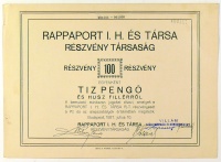 Rappaport I. H. és Társa Részvénytársaság 100 részvény egyenként 10 Pengő és husz fillérről, 1927.
