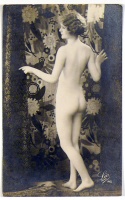 Akt virágos drapéria háttér előtt, bal profil. (146)