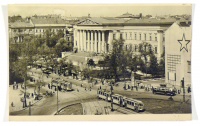 Budapest. Nemzeti Múzeum, Kálvin tér a vörös csillagos tűzfallal, 1950 körül.