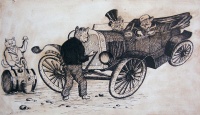 344.  Autózó cicák. [tréfás tusrajz]<br><br>[Cats are going to a car ride]. [humorous ink drawing] : 